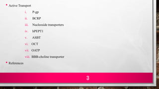 • Active Transport
i. P-gp
ii. BCRP
iii. Nucleoside transporters
iv. hPEPT1
v. ASBT
vi. OCT
vii. OATP
viii. BBB-choline transporter
• References
3
 