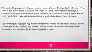 • Ekins and colleagues generated five computational pharmacophore models to predict the inhibition of P-gp
from in vitro on a diverse set of inhibitors with several cell system , including inhibition of digoxin
transport and verapamil binding in Caco-2 cells; vinblastine and calcein accumulation in P-gp-expressing
LLC-PK1 (L-MDR1) cells; and vinblastine binding in vesicles derived from CEM/VLB100 cells
• By comparing and merging all P-gp pharmacophore models, common areas of identical chemical features
such as hydrophobes , hydrogen bond acceptor , and ring aromatic features as well as their geometric
arrangement were identified to be the substrate requirement for P-gp.
37
 