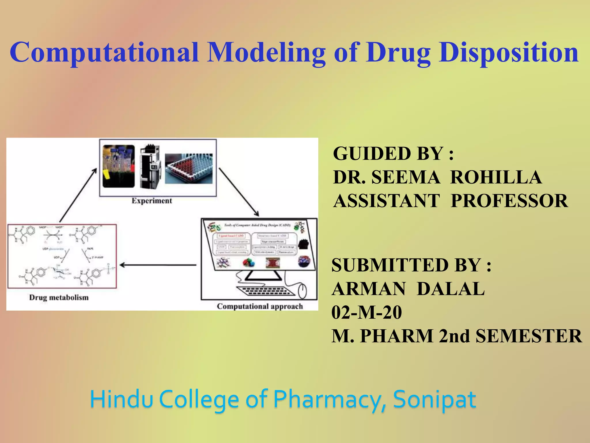 Computational Modeling of Drug Disposition
GUIDED BY :
DR. SEEMA ROHILLA
ASSISTANT PROFESSOR
SUBMITTED BY :
ARMAN DALAL
02-M-20
M. PHARM 2nd SEMESTER
Hindu College of Pharmacy, Sonipat
 