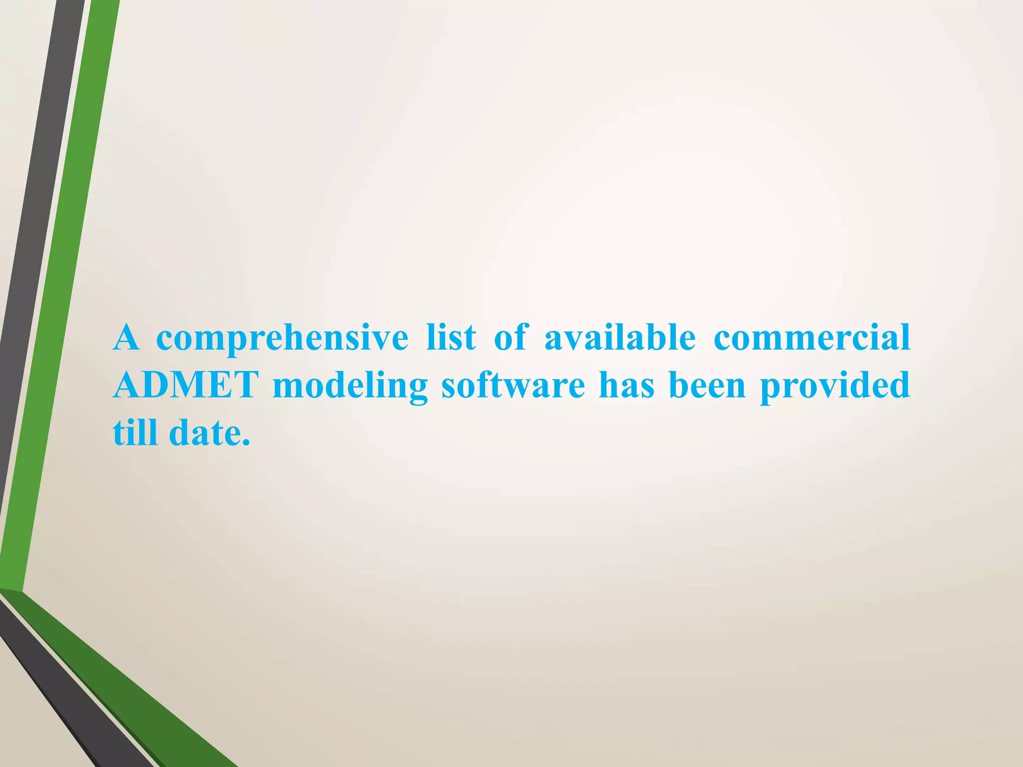 A comprehensive list of available commercial
ADMET modeling software has been provided
till date.
 