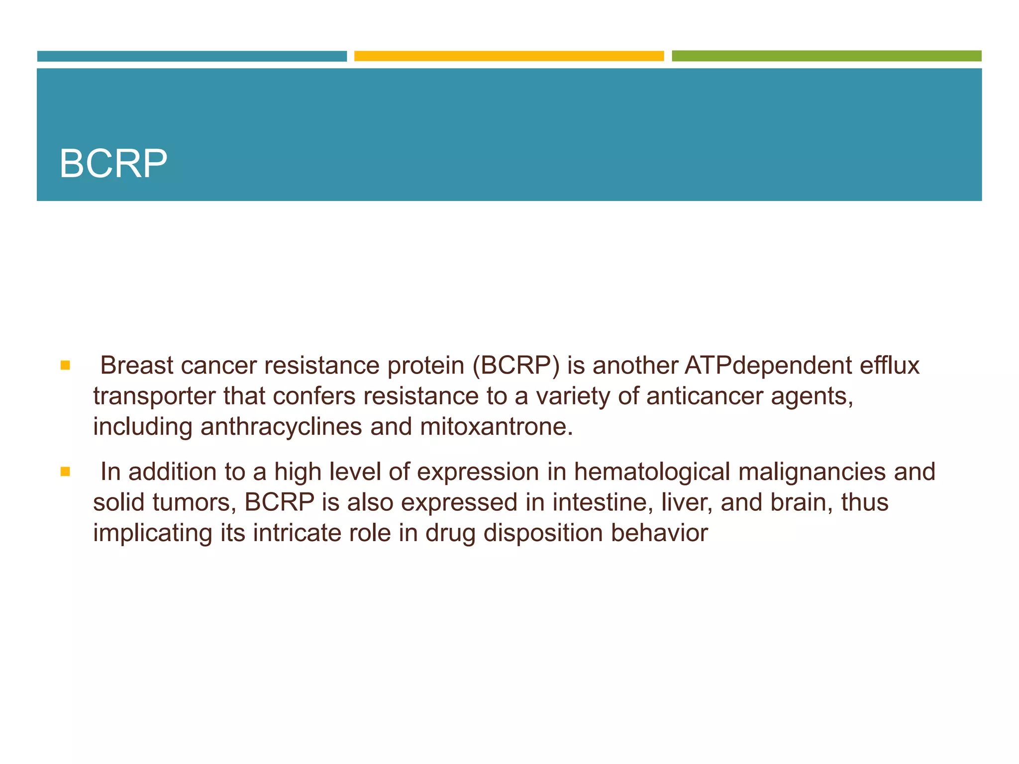 BCRP
 Breast cancer resistance protein (BCRP) is another ATPdependent efflux
transporter that confers resistance to a variety of anticancer agents,
including anthracyclines and mitoxantrone.
 In addition to a high level of expression in hematological malignancies and
solid tumors, BCRP is also expressed in intestine, liver, and brain, thus
implicating its intricate role in drug disposition behavior
 