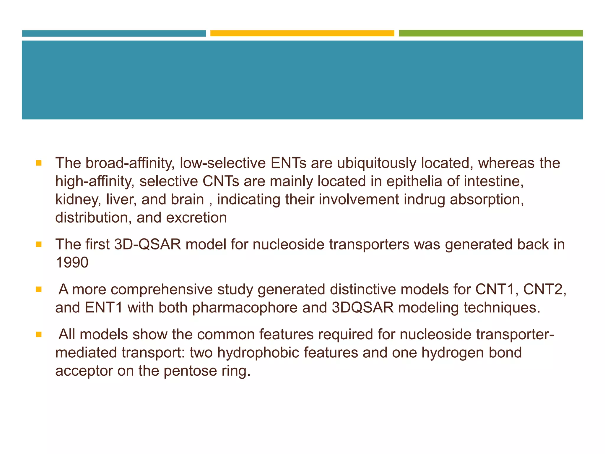  The broad-affinity, low-selective ENTs are ubiquitously located, whereas the
high-affinity, selective CNTs are mainly located in epithelia of intestine,
kidney, liver, and brain , indicating their involvement indrug absorption,
distribution, and excretion
 The first 3D-QSAR model for nucleoside transporters was generated back in
1990
 A more comprehensive study generated distinctive models for CNT1, CNT2,
and ENT1 with both pharmacophore and 3DQSAR modeling techniques.
 All models show the common features required for nucleoside transporter-
mediated transport: two hydrophobic features and one hydrogen bond
acceptor on the pentose ring.
 