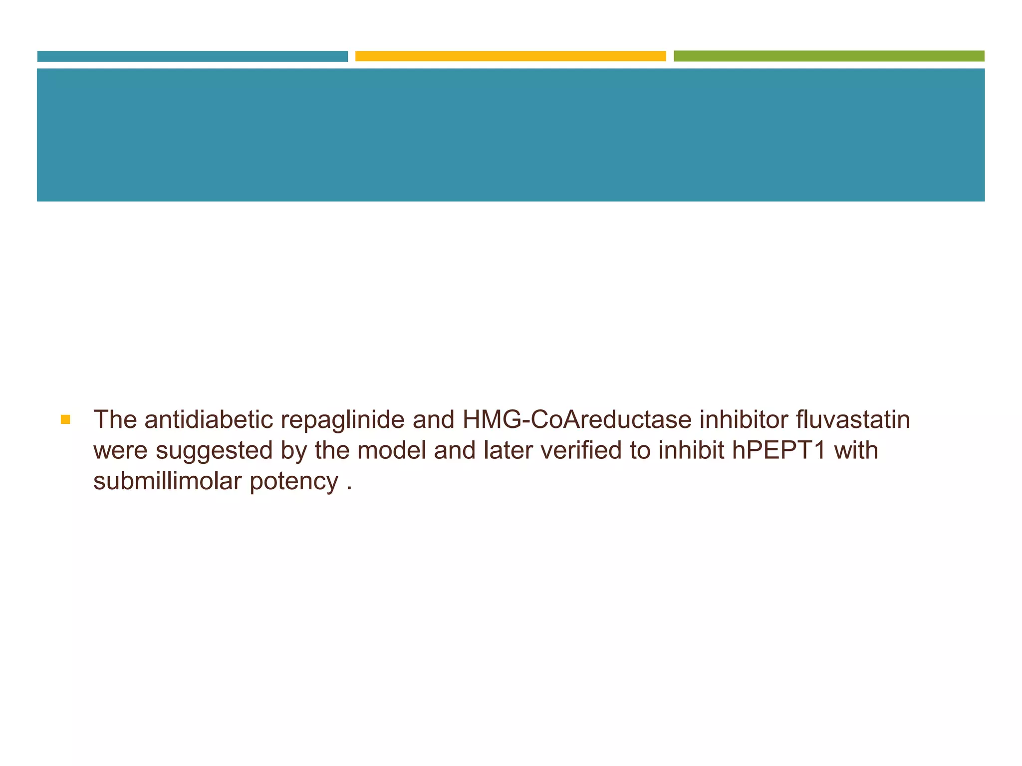  The antidiabetic repaglinide and HMG-CoAreductase inhibitor fluvastatin
were suggested by the model and later verified to inhibit hPEPT1 with
submillimolar potency .
 