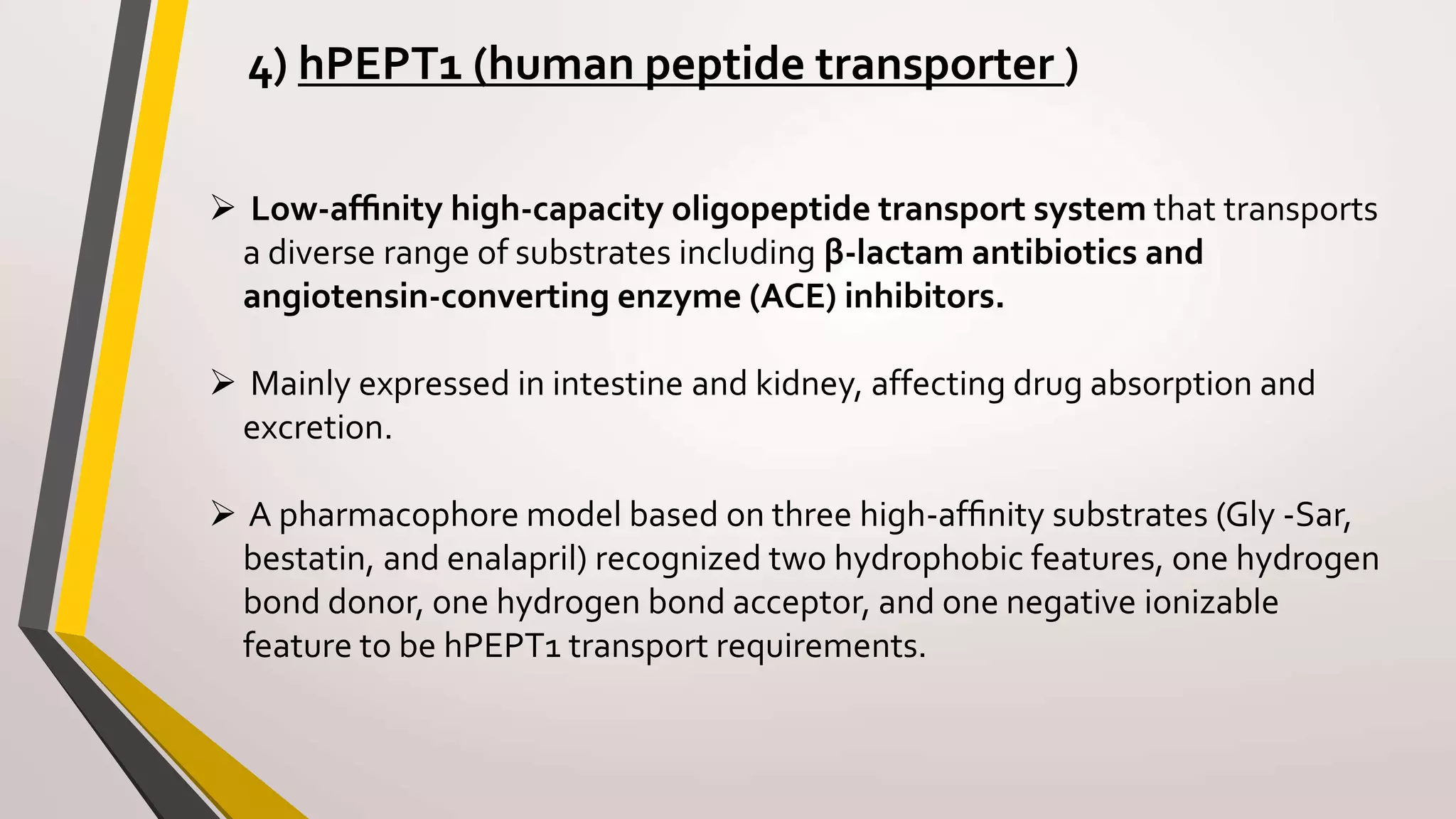 4) hPEPT1 (human peptide transporter )
 Low-afﬁnity high-capacity oligopeptide transport system that transports
a diverse range of substrates including β-lactam antibiotics and
angiotensin-converting enzyme (ACE) inhibitors.
 Mainly expressed in intestine and kidney, affecting drug absorption and
excretion.
 A pharmacophore model based on three high-afﬁnity substrates (Gly -Sar,
bestatin, and enalapril) recognized two hydrophobic features, one hydrogen
bond donor, one hydrogen bond acceptor, and one negative ionizable
feature to be hPEPT1 transport requirements.
 