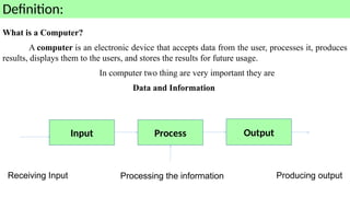 Definition:
Input Output
Process
What is a Computer?
A computer is an electronic device that accepts data from the user, processes it, produces
results, displays them to the users, and stores the results for future usage.
In computer two thing are very important they are
Data and Information
Producing output
Receiving Input Processing the information
 