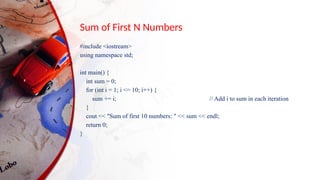 Sum of First N Numbers
#include <iostream>
using namespace std;
int main() {
int sum = 0;
for (int i = 1; i <= 10; i++) {
sum += i; // Add i to sum in each iteration
}
cout << "Sum of first 10 numbers: " << sum << endl;
return 0;
}
 