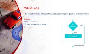 While Loop
The while loop loops through a block of code as long as a specified condition is true:
Syntax:
while (condition) {
// code block to be executed
}
 