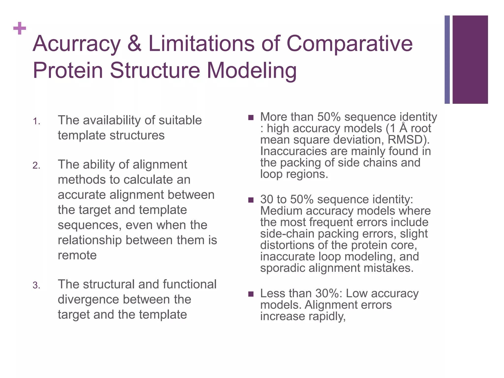 +
Acurracy & Limitations of Comparative
Protein Structure Modeling
1. The availability of suitable
template structures
2. The ability of alignment
methods to calculate an
accurate alignment between
the target and template
sequences, even when the
relationship between them is
remote
3. The structural and functional
divergence between the
target and the template
 More than 50% sequence identity
: high accuracy models (1 Å root
mean square deviation, RMSD).
Inaccuracies are mainly found in
the packing of side chains and
loop regions.
 30 to 50% sequence identity:
Medium accuracy models where
the most frequent errors include
side-chain packing errors, slight
distortions of the protein core,
inaccurate loop modeling, and
sporadic alignment mistakes.
 Less than 30%: Low accuracy
models. Alignment errors
increase rapidly,
 