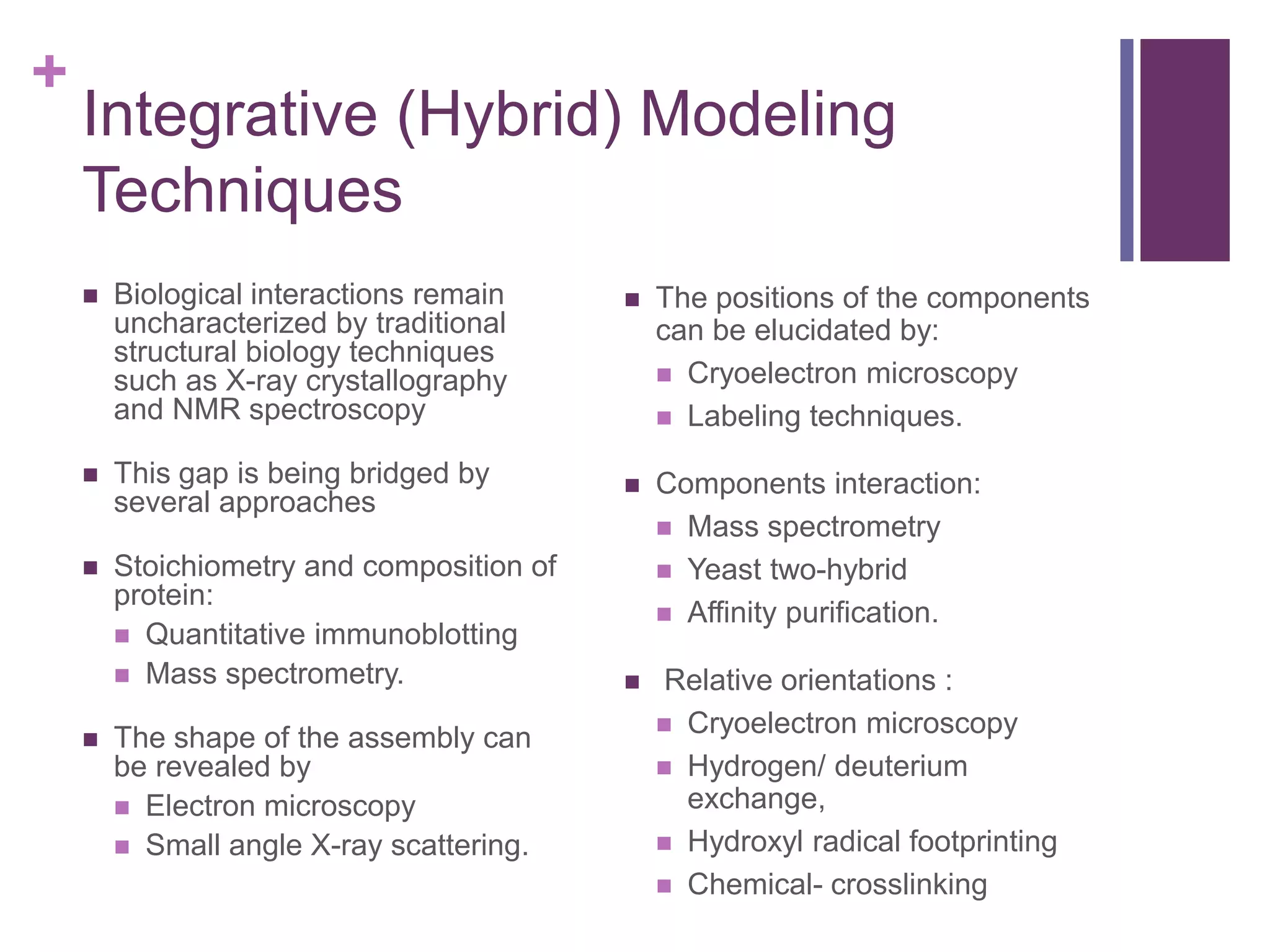 +
Integrative (Hybrid) Modeling
Techniques
 Biological interactions remain
uncharacterized by traditional
structural biology techniques
such as X-ray crystallography
and NMR spectroscopy
 This gap is being bridged by
several approaches
 Stoichiometry and composition of
protein:
 Quantitative immunoblotting
 Mass spectrometry.
 The shape of the assembly can
be revealed by
 Electron microscopy
 Small angle X-ray scattering.
 The positions of the components
can be elucidated by:
 Cryoelectron microscopy
 Labeling techniques.
 Components interaction:
 Mass spectrometry
 Yeast two-hybrid
 Affinity purification.
 Relative orientations :
 Cryoelectron microscopy
 Hydrogen/ deuterium
exchange,
 Hydroxyl radical footprinting
 Chemical- crosslinking
 