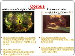CorpusA Midsummer's Nights Dreamhttp://absoluteshakespeare.com/plays/a_midsummer_nights_dream/a_midsummer_nights_dream.htmhttp://www.william-shakespeare.info/shakespeare-play-a-midsummer-nights-dream.htmRomeo and Juliethttp://www.shakespeare-literature.com/Romeo_and_Juliet/index.htmlhttp://absoluteshakespeare.com/guides/romeo_and_juliet/romeo_and_juliet.htm