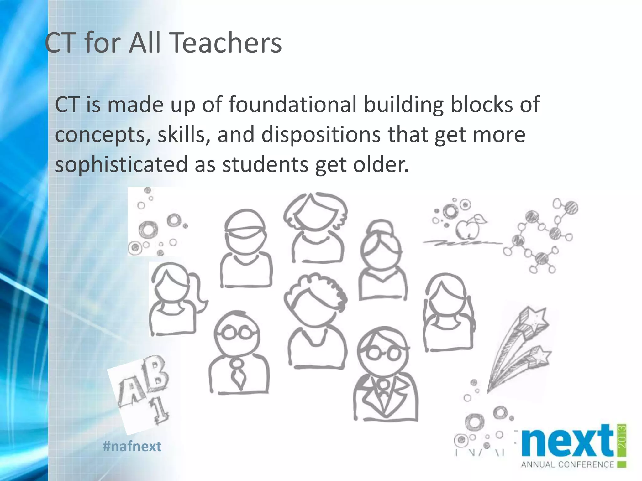#nafnext
CT for All Teachers
CT is made up of foundational building blocks of
concepts, skills, and dispositions that get more
sophisticated as students get older.
 
