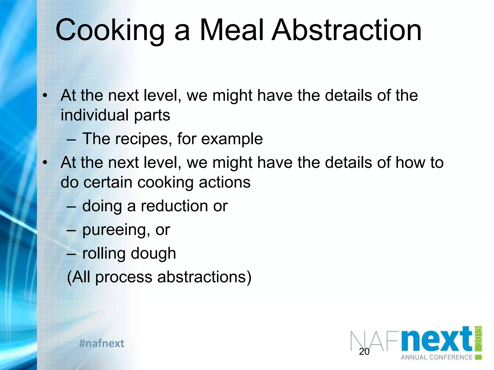 #nafnext
Cooking a Meal Abstraction
• At the next level, we might have the details of the
individual parts
– The recipes, for example
• At the next level, we might have the details of how to
do certain cooking actions
– doing a reduction or
– pureeing, or
– rolling dough
(All process abstractions)
20
 