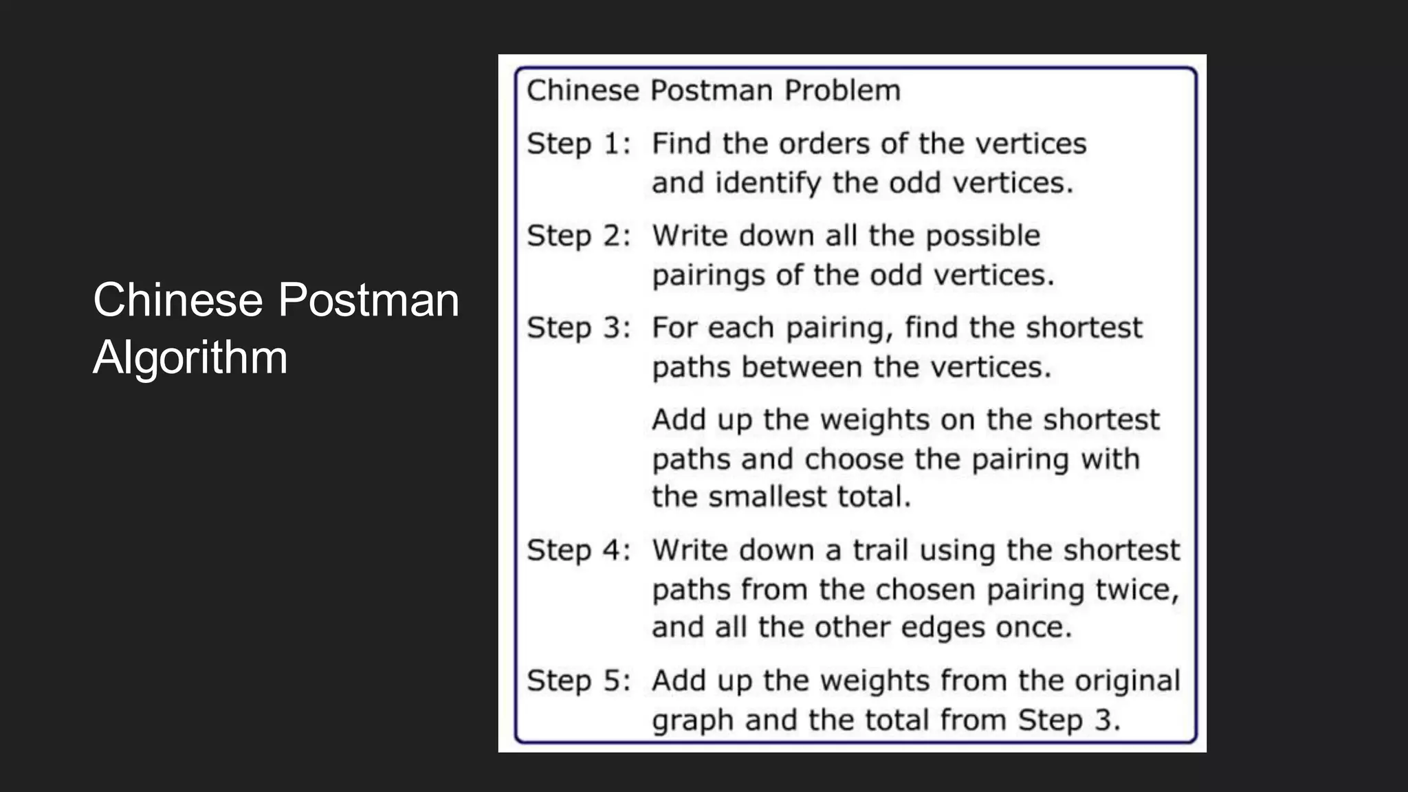 Chinese Postman
Algorithm
 