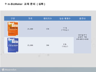  m-BizMaker 교재 문의 ( 심화 ) 
구분 가격 페이지수 실습 예제수 출판사 
25,000 578 
11종 
(초중급) 
영민출판사 
김명한 대표 
010-8012-6358 
25,000 596 
8종 
(중급) 
 