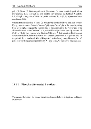 10.1 Nested iterations 135
pairs (A,B) and (B,A) through the nested iteration. For most practical applications
(for example those in which we will need to only compare the fields of A and B),
it is enough if only one of these two pairs, either (A,B) or (B,A) is produced - we
don’t need both.
What is the consequence of this? Go back to the nested iterations and look closely.
Every element moves from the "unseen" pile to the "seen" pile in the outer iteration.
So if we simply compare the element that is being moved to the "seen" pile with
all the elements in the "unseen" pile, we will have produced exactly one out of
(A,B) or (B,A). Can you see why this is so? If it was A that was picked in the outer
iteration before B, then B is still in the "unseen" pile when A is picked, and so
the pair (A,B) is produced. When B is picked, A is already moved into the "seen"
pile, so we will never compare B with A - and so (B,A) will never be produced.
10.1.1 Flowchart for nested iterations
The generic flowchart for nested iterations discussed above is depicted in Figure
10.1 below.
 