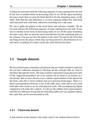 16 Chapter 1. Introduction
of doing for each book shelf the following sequence of steps starting from one end:
fit one next to another books in decreasing order of size till the space remaining
becomes small, then we pick the book that best fits the remaining space on the
shelf. Note that the only difference is we have replaced clothes line with book
shelf and cloth item with book, otherwise everything else is the same.
We can re-apply the pattern to the travel items and suitcases example. We do
for each suitcase the following sequence of steps starting from one end: fit one
next to another travel items in decreasing order of size till the space remaining
becomes small, then we pick the travel item that best fits the remaining space in
the suitcase. Can you see how the pattern is the same? Except for the items that
are being moved, the places where they are being moved to, the definition of size
and small, everything else looks exactly the same between the three.
1.2 Sample datasets
We have picked some commonly used datasets that are simple enough to represent,
but yet have sufficient structure to illustrate all the concepts that we wish to
introduce through this book. The data could be represented using physical cards
(if the suggested procedures are to be carried out by hand as an activity in a
classroom). But we have chosen to use a tabular representation of the dataset for
the book, since this is more compact and saves precious book pages. There is a
direct correspondence between a row in the table and a card, and we can work
with table rows much as we do with physical cards. The accompanying digital
companion will make this explicit. It will use the tabular form representation,
with the key difference being that the individual table rows are separate objects
like cards that can be moved around at will.
1.2.1 Classroom dataset
A data element in this dataset is the marks card of one student (shown below):
 