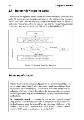 40 Chapter 2. Iterator
2.3 Iterator flowchart for cards
The flowchart for a generic iterator can be modified to create one specifically for
cards. We need to keep all the cards in an "unseen" pile, and have some free space
for the "seen" pile. The decision step involves checking if there are any more
cards in the "unseen" pile. If so, we pick one card from the "unseen" pile, examine
it, and then move it to the "seen" pile. The result is shown in Figure 2.3.
Start
Initialisation: Arrange cards in "unseen"
pile; keep free space for "seen" pile
More cards in
"unseen" pile?
Examine one card from the "unseen"
pile and and move it into the "seen" pile
End
No (False)
Yes (True)
Figure 2.3: Iterator flowchart for cards
Summary of chapter
We can iterate over any collection. Specifically the collection could be a set,
or a relation (set of ordered pairs), or a more complex multi-dimensional
relation (set of ordered tuples). For instance, we could iterate over the
collection of all pairs of cards drawn from the marks card data set. A more
interesting example may be iteration over all possible subsets of the marks
card data set.
Iterators and complexity: examining the structure of the iterator immedi-
ately gives us some clue about the order of complexity of the procedure we
are implementing using the iterator. If we are examining all elements of the
card set, it will be O(N). If over all pairs, it will be O(N2), over all k-tuples,
it will be O(Nk), and over all subsets, it will be O(2N).
 