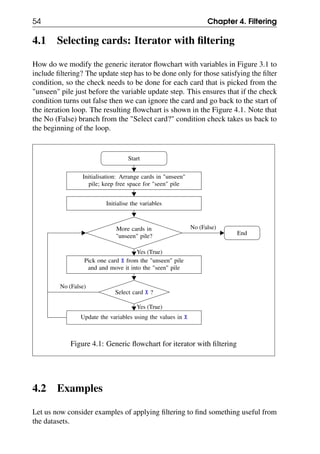 54 Chapter 4. Filtering
4.1 Selecting cards: Iterator with filtering
How do we modify the generic iterator flowchart with variables in Figure 3.1 to
include filtering? The update step has to be done only for those satisfying the filter
condition, so the check needs to be done for each card that is picked from the
"unseen" pile just before the variable update step. This ensures that if the check
condition turns out false then we can ignore the card and go back to the start of
the iteration loop. The resulting flowchart is shown in the Figure 4.1. Note that
the No (False) branch from the "Select card?" condition check takes us back to
the beginning of the loop.
Start
Initialisation: Arrange cards in "unseen"
pile; keep free space for "seen" pile
Initialise the variables
More cards in
"unseen" pile?
Pick one card X from the "unseen" pile
and and move it into the "seen" pile
Select card X ?
Update the variables using the values in X
End
No (False)
Yes (True)
No (False)
Yes (True)
Figure 4.1: Generic flowchart for iterator with filtering
4.2 Examples
Let us now consider examples of applying filtering to find something useful from
the datasets.
 