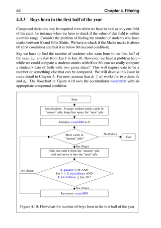 64 Chapter 4. Filtering
4.3.3 Boys born in the first half of the year
Compound decisions may be required even when we have to look at only one field
of the card, for instance when we have to check if the value of that field is within
a certain range. Consider the problem of finding the number of students who have
marks between 60 and 80 in Maths. We have to check if the Maths marks is above
60 (first condition) and that it is below 80 (second condition).
Say we have to find the number of students who were born in the first half of
the year, i.e. any day from Jan 1 to Jun 30. However, we have a problem here -
while we could compare a students marks with 60 or 80, can we really compare
a student’s date of birth with two given dates? This will require date to be a
number or something else that can be compared. We will discuss this issue in
more detail in Chapter 5. For now, assume that d1 ≤ d2 works for two dates d1
and d2. The flowchart in Figure 4.10 uses the accumulator countBFH with an
appropriate compound condition.
Start
Initialisation: Arrange student marks cards in
"unseen" pile; keep free space for "seen" pile
Initialise countFBH to 0
More cards in
"unseen" pile?
Pick one card X from the "unseen" pile
and and move it into the "seen" pile
X.gender is M AND
Jan 1 ≤ X.birthDate AND
X.birthDate ≤ Jun 30 ?
Increment countBFH
End
No (False)
Yes (True)
No (False)
Yes (True)
Figure 4.10: Flowchart for number of boys born in the first half of the year
 