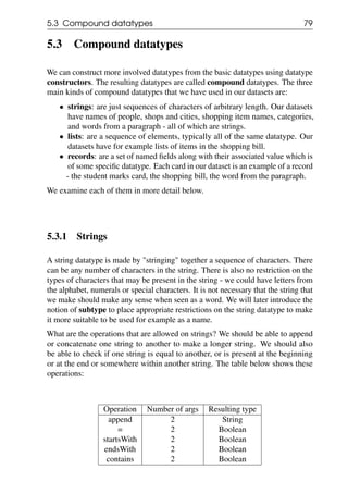 5.3 Compound datatypes 79
5.3 Compound datatypes
We can construct more involved datatypes from the basic datatypes using datatype
constructors. The resulting datatypes are called compound datatypes. The three
main kinds of compound datatypes that we have used in our datasets are:
• strings: are just sequences of characters of arbitrary length. Our datasets
have names of people, shops and cities, shopping item names, categories,
and words from a paragraph - all of which are strings.
• lists: are a sequence of elements, typically all of the same datatype. Our
datasets have for example lists of items in the shopping bill.
• records: are a set of named fields along with their associated value which is
of some specific datatype. Each card in our dataset is an example of a record
- the student marks card, the shopping bill, the word from the paragraph.
We examine each of them in more detail below.
5.3.1 Strings
A string datatype is made by "stringing" together a sequence of characters. There
can be any number of characters in the string. There is also no restriction on the
types of characters that may be present in the string - we could have letters from
the alphabet, numerals or special characters. It is not necessary that the string that
we make should make any sense when seen as a word. We will later introduce the
notion of subtype to place appropriate restrictions on the string datatype to make
it more suitable to be used for example as a name.
What are the operations that are allowed on strings? We should be able to append
or concatenate one string to another to make a longer string. We should also
be able to check if one string is equal to another, or is present at the beginning
or at the end or somewhere within another string. The table below shows these
operations:
Operation Number of args Resulting type
append 2 String
= 2 Boolean
startsWith 2 Boolean
endsWith 2 Boolean
contains 2 Boolean
 