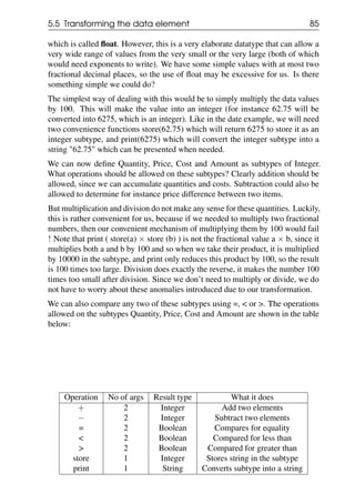 5.5 Transforming the data element 85
which is called float. However, this is a very elaborate datatype that can allow a
very wide range of values from the very small or the very large (both of which
would need exponents to write). We have some simple values with at most two
fractional decimal places, so the use of float may be excessive for us. Is there
something simple we could do?
The simplest way of dealing with this would be to simply multiply the data values
by 100. This will make the value into an integer (for instance 62.75 will be
converted into 6275, which is an integer). Like in the date example, we will need
two convenience functions store(62.75) which will return 6275 to store it as an
integer subtype, and print(6275) which will convert the integer subtype into a
string "62.75" which can be presented when needed.
We can now define Quantity, Price, Cost and Amount as subtypes of Integer.
What operations should be allowed on these subtypes? Clearly addition should be
allowed, since we can accumulate quantities and costs. Subtraction could also be
allowed to determine for instance price difference between two items.
But multiplication and division do not make any sense for these quantities. Luckily,
this is rather convenient for us, because if we needed to multiply two fractional
numbers, then our convenient mechanism of multiplying them by 100 would fail
! Note that print ( store(a) × store (b) ) is not the fractional value a × b, since it
multiplies both a and b by 100 and so when we take their product, it is multiplied
by 10000 in the subtype, and print only reduces this product by 100, so the result
is 100 times too large. Division does exactly the reverse, it makes the number 100
times too small after division. Since we don’t need to multiply or divide, we do
not have to worry about these anomalies introduced due to our transformation.
We can also compare any two of these subtypes using =, < or >. The operations
allowed on the subtypes Quantity, Price, Cost and Amount are shown in the table
below:
Operation No of args Result type What it does
+ 2 Integer Add two elements
− 2 Integer Subtract two elements
= 2 Boolean Compares for equality
< 2 Boolean Compared for less than
> 2 Boolean Compared for greater than
store 1 Integer Stores string in the subtype
print 1 String Converts subtype into a string
 