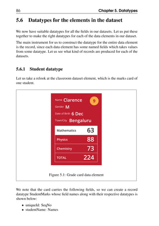 86 Chapter 5. Datatypes
5.6 Datatypes for the elements in the dataset
We now have suitable datatypes for all the fields in our datasets. Let us put these
together to make the right datatypes for each of the data elements in our dataset.
The main instrument for us to construct the datatype for the entire data element
is the record, since each data element has some named fields which takes values
from some datatype. Let us see what kind of records are produced for each of the
datasets.
5.6.1 Student datatype
Let us take a relook at the classroom dataset element, which is the marks card of
one student.
Figure 5.1: Grade card data element
We note that the card carries the following fields, so we can create a record
datatype StudentMarks whose field names along with their respective datatypes is
shown below:
• uniqueId: SeqNo
• studentName: Names
 