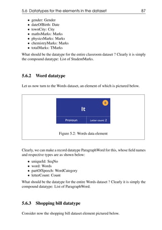 5.6 Datatypes for the elements in the dataset 87
• gender: Gender
• dateOfBirth: Date
• townCity: City
• mathsMarks: Marks
• physicsMarks: Marks
• chemistryMarks: Marks
• totalMarks: TMarks
What should be the datatype for the entire classroom dataset ? Clearly it is simply
the compound datatype: List of StudentMarks.
5.6.2 Word datatype
Let us now turn to the Words dataset, an element of which is pictured below.
Figure 5.2: Words data element
Clearly, we can make a record datatype ParagraphWord for this, whose field names
and respective types are as shown below:
• uniqueId: SeqNo
• word: Words
• partOfSpeech: WordCategory
• letterCount: Count
What should be the datatype for the entire Words dataset ? Clearly it is simply the
compound datatype: List of ParagraphWord.
5.6.3 Shopping bill datatype
Consider now the shopping bill dataset element pictured below.
 