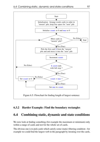 6.4 Combining static, dynamic and state conditions 97
Start
Initialisation: Arrange words cards in order in
"unseen" pile; keep free space for "seen" pile
Initialise count to 0 and max to 0
More cards in
"unseen" pile?
Pick the first card X from the "unseen"
pile and and move it into the "seen" pile
Increment count
X.word ends
with full stop ?
count > max ?
Set max to count
Set count to 0
End
No (False)
Yes (True)
No (False)
Yes (True)
Yes (True)
No (False)
Figure 6.5: Flowchart for finding length of largest sentence
6.3.2 Harder Example: Find the boundary rectangles
6.4 Combining static, dynamic and state conditions
We now look at finding something (for example the maximum or minimum) only
within a range of cards and not for the whole set of cards.
The obvious one is to pick cards which satisfy some (static) filtering condition - for
example we could find the largest verb in the paragraph by iterating over the cards,
 