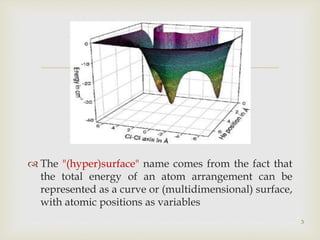 
 The "(hyper)surface" name comes from the fact that
the total energy of an atom arrangement can be
represented as a curve or (multidimensional) surface,
with atomic positions as variables
.
3
 