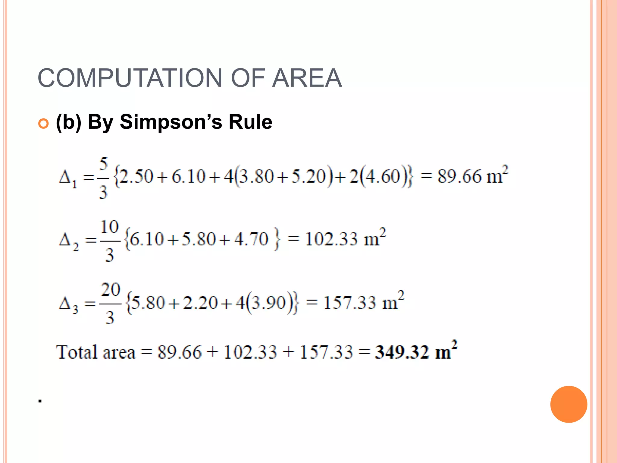 COMPUTATION OF AREA
 (b) By Simpson’s Rule
.
 