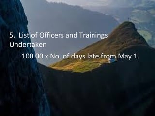 5. List of Officers and Trainings
Undertaken
100.00 x No. of days late from May 1.
 