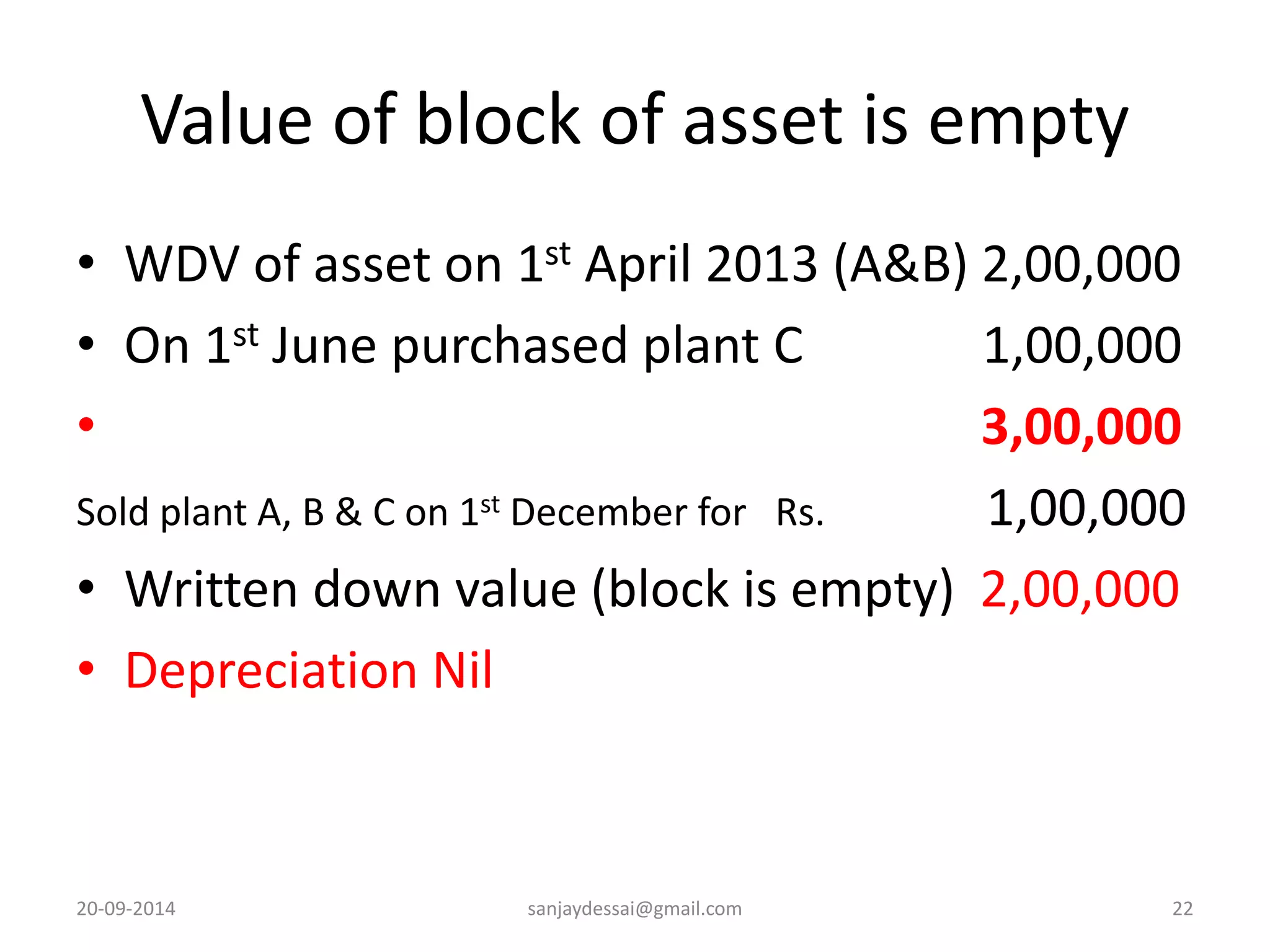 Value of block of asset is empty 
• WDV of asset on 1st April 2013 (A&B) 2,00,000 
• On 1st June purchased plant C 1,00,000 
• 3,00,000 
Sold plant A, B & C on 1st December for Rs. 1,00,000 
• Written down value (block is empty) 2,00,000 
• Depreciation Nil 
20-09-2014 sanjaydessai@gmail.com 22 
 