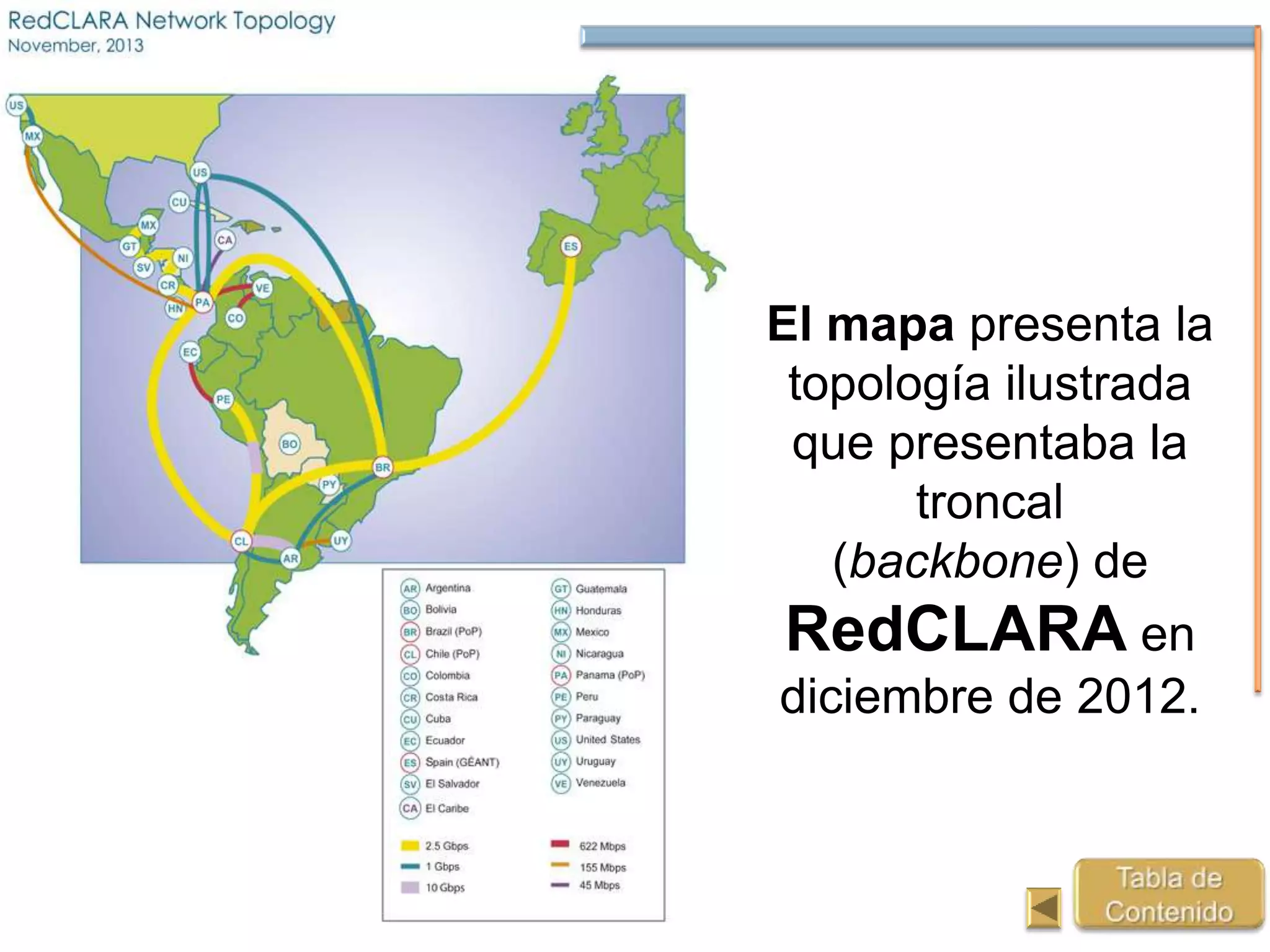 El mapa presenta la
topología ilustrada
que presentaba la
troncal
(backbone) de
RedCLARA en
diciembre de 2012.
 