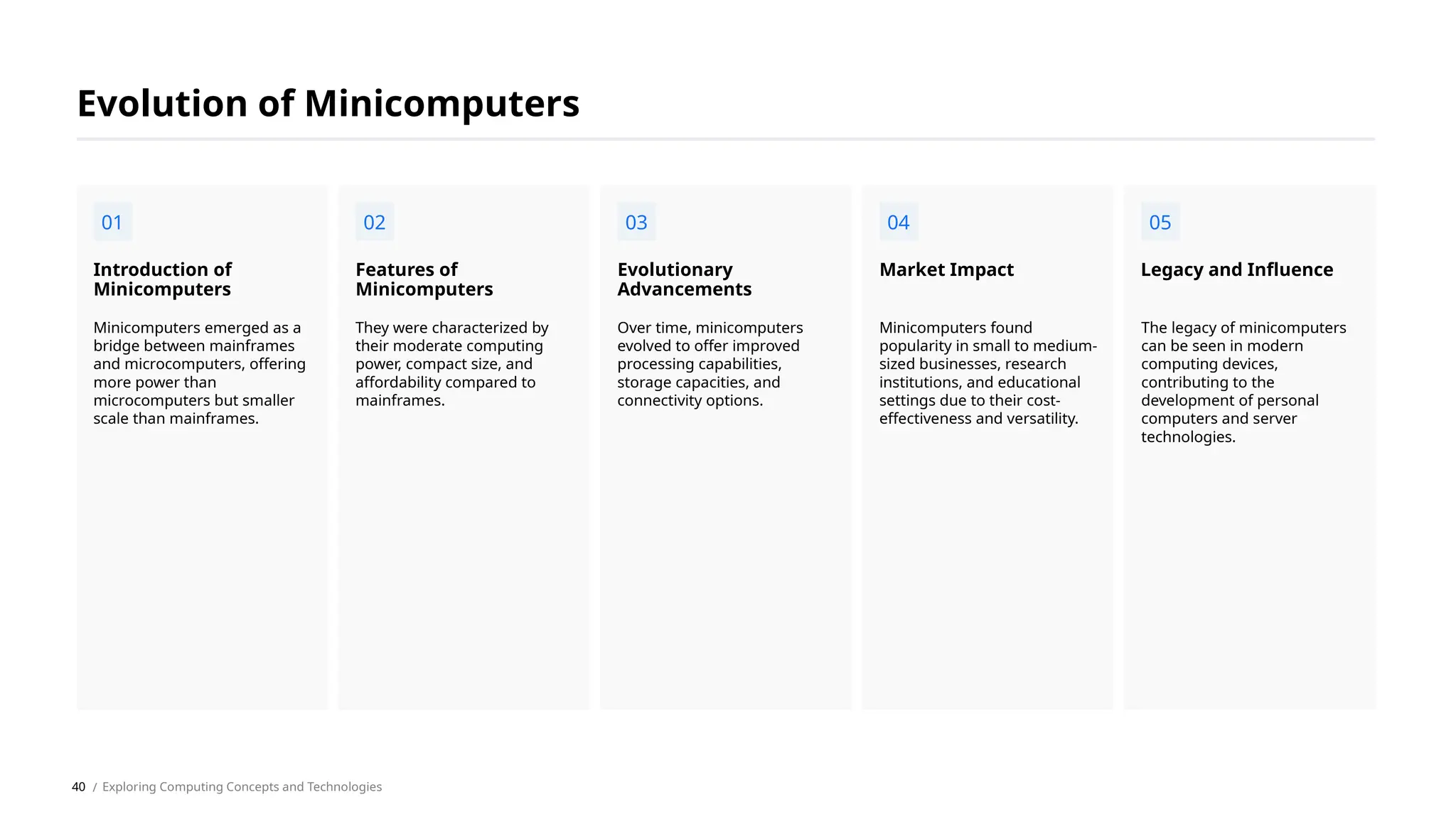 Minicomputers emerged as a
bridge between mainframes
and microcomputers, offering
more power than
microcomputers but smaller
scale than mainframes.
Introduction of
Minicomputers
They were characterized by
their moderate computing
power, compact size, and
affordability compared to
mainframes.
Features of
Minicomputers
Over time, minicomputers
evolved to offer improved
processing capabilities,
storage capacities, and
connectivity options.
Evolutionary
Advancements
Minicomputers found
popularity in small to medium-
sized businesses, research
institutions, and educational
settings due to their cost-
effectiveness and versatility.
Market Impact
The legacy of minicomputers
can be seen in modern
computing devices,
contributing to the
development of personal
computers and server
technologies.
Legacy and Influence
Evolution of Minicomputers
01 02 03 04 05
/ Exploring Computing Concepts and Technologies
40
 
