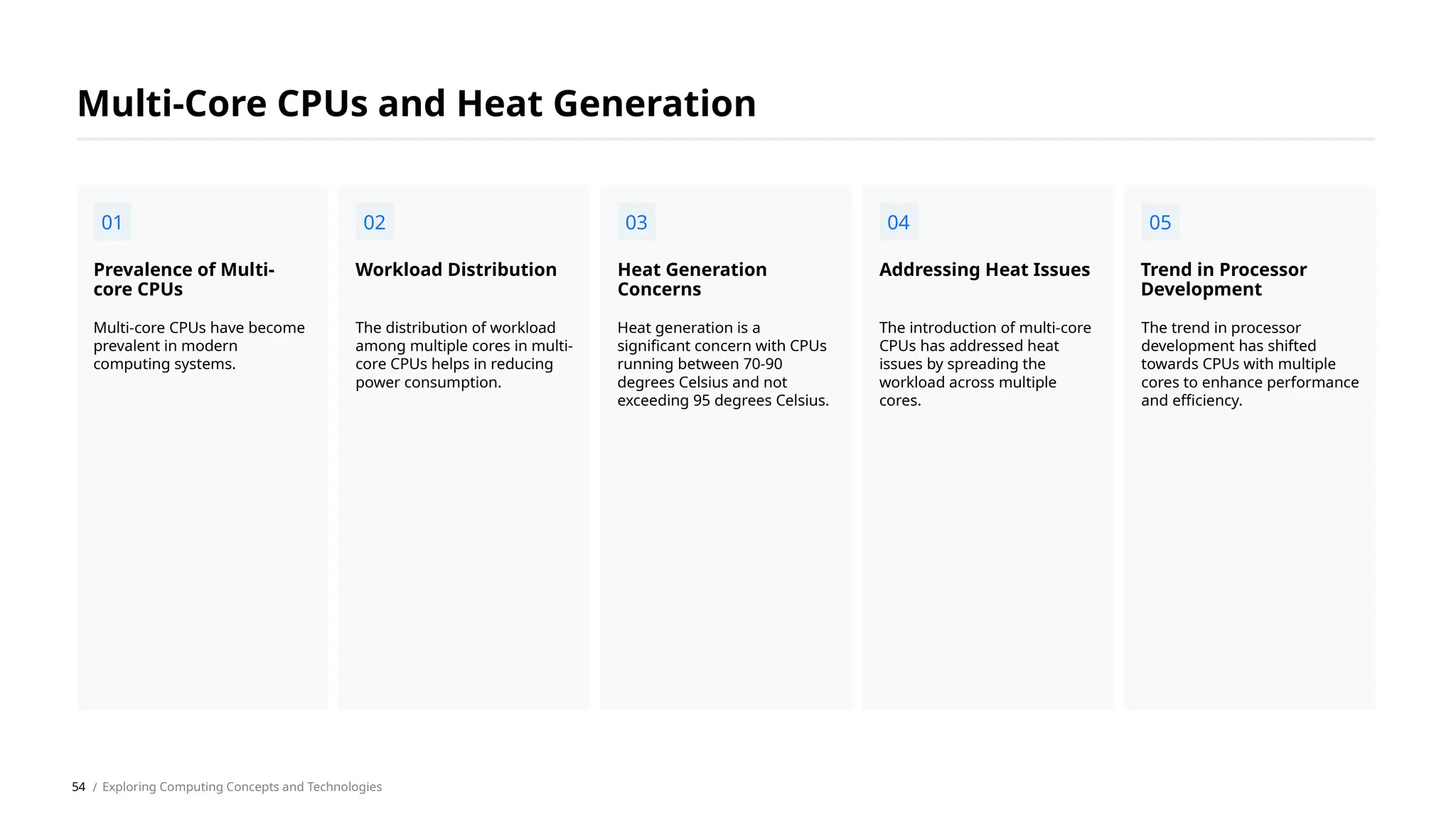Multi-core CPUs have become
prevalent in modern
computing systems.
Prevalence of Multi-
core CPUs
The distribution of workload
among multiple cores in multi-
core CPUs helps in reducing
power consumption.
Workload Distribution
Heat generation is a
significant concern with CPUs
running between 70-90
degrees Celsius and not
exceeding 95 degrees Celsius.
Heat Generation
Concerns
The introduction of multi-core
CPUs has addressed heat
issues by spreading the
workload across multiple
cores.
Addressing Heat Issues
The trend in processor
development has shifted
towards CPUs with multiple
cores to enhance performance
and efficiency.
Trend in Processor
Development
Multi-Core CPUs and Heat Generation
01 02 03 04 05
/ Exploring Computing Concepts and Technologies
54
 