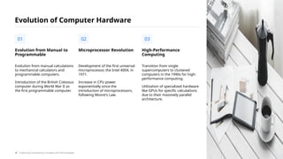 Evolution from manual calculations
to mechanical calculators and
programmable computers.
Introduction of the British Colossus
computer during World War II as
the first programmable computer.
Evolution from Manual to
Programmable
01
Evolution of Computer Hardware
Development of the first universal
microprocessor, the Intel 4004, in
1971.
Increase in CPU power
exponentially since the
introduction of microprocessors,
following Moore's Law.
Microprocessor Revolution
02
Transition from single
supercomputers to clustered
computers in the 1990s for high-
performance computing.
Utilization of specialized hardware
like GPUs for specific calculations
due to their massively parallel
architecture.
High-Performance
Computing
03
/ Exploring Computing Concepts and Technologies
4
 