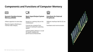 Utilizes capacitors to store data
Requires regular refreshing to
maintain data integrity
Dynamic Random Access
Memory (DRAM)
Components and Functions of Computer Memory
Stored on a memory chip on the
motherboard
Controls the computer from
startup to loading the operating
system
Updating BIOS software is crucial
for system stability and
performance enhancement
Basic Input/Output System
(BIOS)
Different interfaces like RS-232 are
used
Facilitates serial communication
Interfaces for External
Peripherals
/ Exploring Computing Concepts and Technologies
16
 