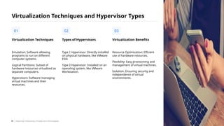 Emulation: Software allowing
programs to run on different
computer systems.
Logical Partitions: Subset of
hardware resources virtualized as
separate computers.
Hypervisors: Software managing
virtual machines and their
resources.
Virtualization Techniques
01
Virtualization Techniques and Hypervisor Types
Type 1 Hypervisor: Directly installed
on physical hardware, like VMware
ESXi.
Type 2 Hypervisor: Installed on an
operating system, like VMware
Workstation.
Types of Hypervisors
02
Resource Optimization: Efficient
use of hardware resources.
Flexibility: Easy provisioning and
management of virtual machines.
Isolation: Ensuring security and
independence of virtual
environments.
Virtualization Benefits
03
/ Exploring Computing Concepts and Technologies
29
 