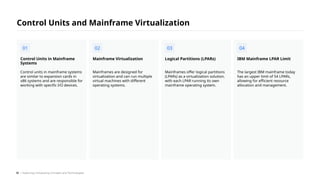 Control units in mainframe systems
are similar to expansion cards in
x86 systems and are responsible for
working with specific I/O devices.
Control Units in Mainframe
Systems
Mainframes are designed for
virtualization and can run multiple
virtual machines with different
operating systems.
Mainframe Virtualization
Mainframes offer logical partitions
(LPARs) as a virtualization solution,
with each LPAR running its own
mainframe operating system.
Logical Partitions (LPARs)
The largest IBM mainframe today
has an upper limit of 54 LPARs,
allowing for efficient resource
allocation and management.
IBM Mainframe LPAR Limit
Control Units and Mainframe Virtualization
01 02 03 04
/ Exploring Computing Concepts and Technologies
38
 