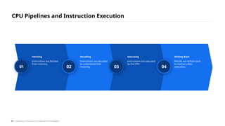 CPU Pipelines and Instruction Execution
/ Exploring Computing Concepts and Technologies
50
01 02 03 04
Instructions are fetched
from memory.
Instructions are decoded
to understand their
meaning.
Instructions are executed
by the CPU.
Results are written back
to memory after
execution.
Fetching Decoding Executing Writing Back
 
