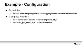 Example - Configuration
● Scheduler:
○ Enable NUMATopologyFilter, and AggregateInstanceExtraSpecsFilter
● Compute Node(s):
○ Alter kernel boot params to add isolcpus=2,3,6,7
○ Set vcpu_pin_set=2,3,6,7 in /etc/nova.conf
 