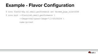 Example - Flavor Configuration
$ nova flavor-key m1.small.performance set hw:mem_page_size=2048
$ nova boot --flavor=m1.small.performance 
--image=rhel-guest-image-7.1-20150224 
numa-lp-test
 