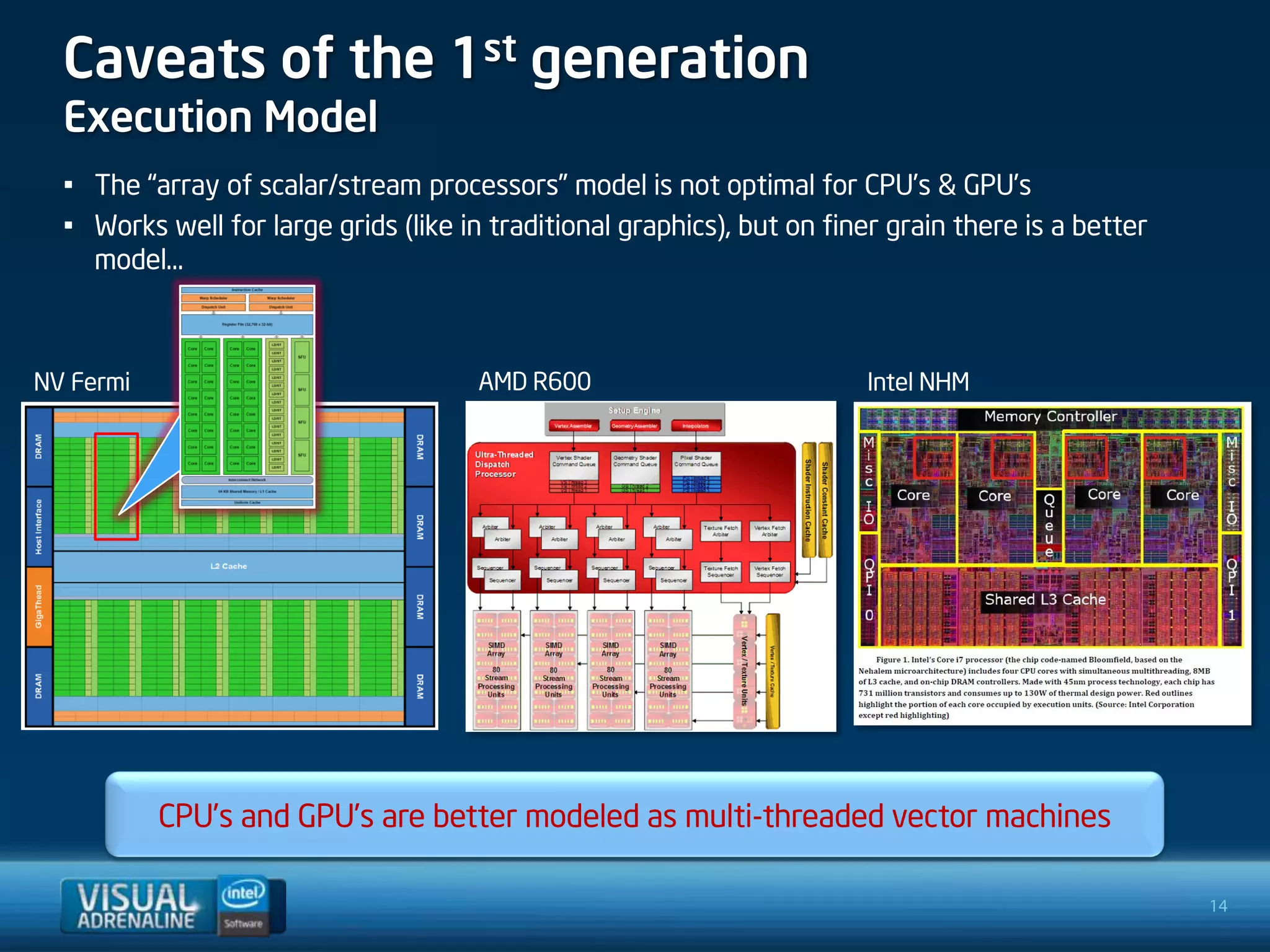 Caveats of the 1st generation
  Execution Model
  • The “array of scalar/stream processors” model is not optimal for CPU’s & GPU’s
  • Works well for large grids (like in traditional graphics), but on finer grain there is a better
    model…



NV Fermi                               AMD R600                          Intel NHM




           CPU’s and GPU’s are better modeled as multi-threaded vector machines

                                                                                                      14
 