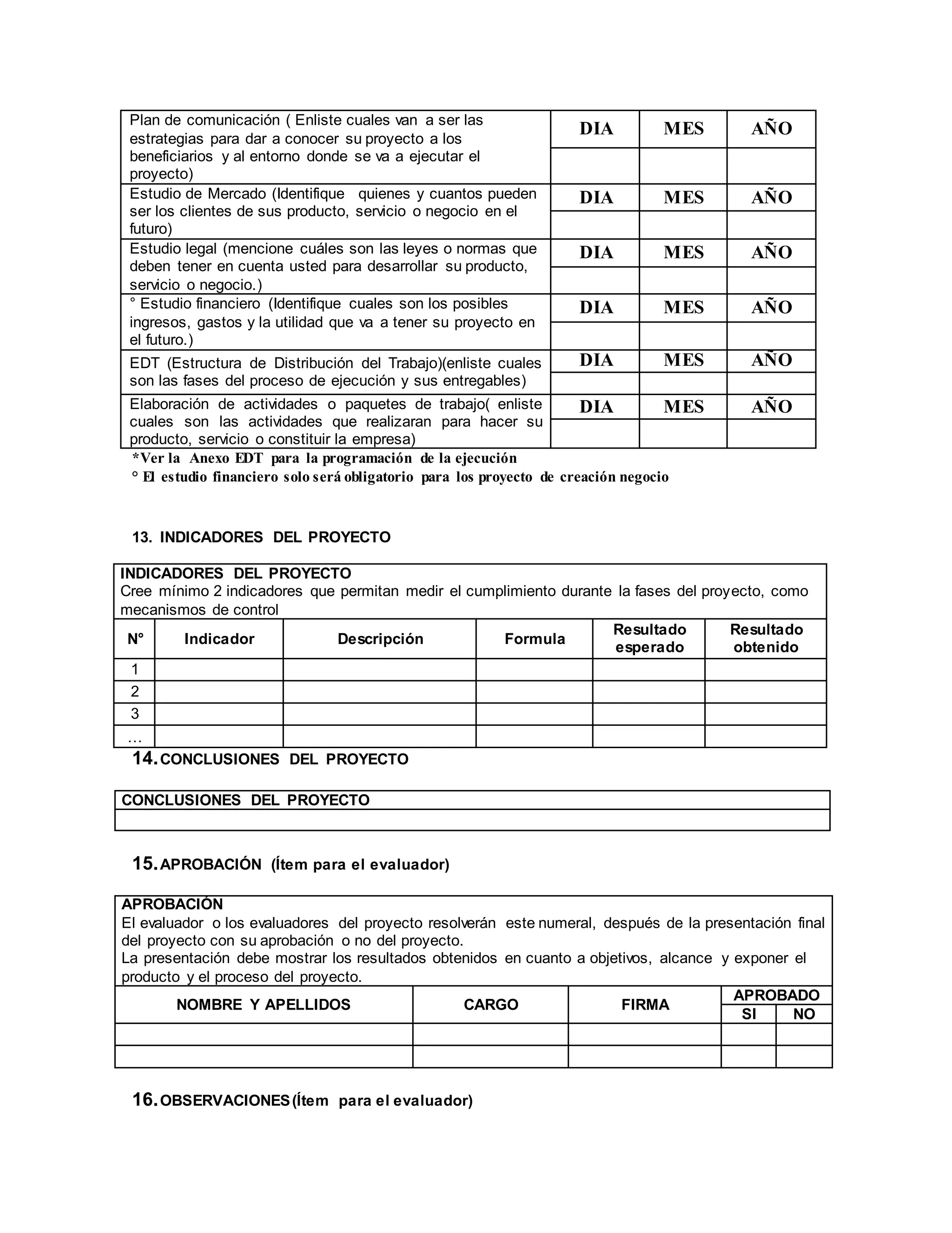 Plan de comunicación ( Enliste cuales van a ser las
estrategias para dar a conocer su proyecto a los
beneficiarios y al entorno donde se va a ejecutar el
proyecto)
DIA MES AÑO
Estudio de Mercado (Identifique quienes y cuantos pueden
ser los clientes de sus producto, servicio o negocio en el
futuro)
DIA MES AÑO
Estudio legal (mencione cuáles son las leyes o normas que
deben tener en cuenta usted para desarrollar su producto,
servicio o negocio.)
DIA MES AÑO
° Estudio financiero (Identifique cuales son los posibles
ingresos, gastos y la utilidad que va a tener su proyecto en
el futuro.)
DIA MES AÑO
EDT (Estructura de Distribución del Trabajo)(enliste cuales
son las fases del proceso de ejecución y sus entregables)
DIA MES AÑO
Elaboración de actividades o paquetes de trabajo( enliste
cuales son las actividades que realizaran para hacer su
producto, servicio o constituir la empresa)
DIA MES AÑO
*Ver la Anexo EDT para la programación de la ejecución
° El estudio financiero solo será obligatorio para los proyecto de creación negocio
13. INDICADORES DEL PROYECTO
INDICADORES DEL PROYECTO
Cree mínimo 2 indicadores que permitan medir el cumplimiento durante la fases del proyecto, como
mecanismos de control
N° Indicador Descripción Formula
Resultado
esperado
Resultado
obtenido
1
2
3
…
14.CONCLUSIONES DEL PROYECTO
CONCLUSIONES DEL PROYECTO
15.APROBACIÓN (Ítem para el evaluador)
APROBACIÓN
El evaluador o los evaluadores del proyecto resolverán este numeral, después de la presentación final
del proyecto con su aprobación o no del proyecto.
La presentación debe mostrar los resultados obtenidos en cuanto a objetivos, alcance y exponer el
producto y el proceso del proyecto.
NOMBRE Y APELLIDOS CARGO FIRMA
APROBADO
SI NO
16.OBSERVACIONES(Ítem para el evaluador)
 
