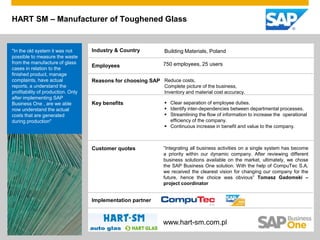 HART SM – Manufacturer of Toughened Glass


"In the old system it was not          Industry & Country        Building Materials, Poland
possible to measure the waste
from the manufacture of glass                                    750 employees, 25 users
cases in relation to the
                                       Employees
finished product, manage
complaints, have actual                Reasons for choosing SAP Reduce costs,
reports, a understand the                                        Complete picture of the business,
profitability of production. Only                                Inventory and material cost accuracy.
after implementing SAP
Business One , are we able             Key benefits               Clear separation of employee duties.
now understand the actual                                         Identify inter-dependencies between departmental processes.
costs that are generated                                          Streamlining the flow of information to increase the operational
during production"                                                 efficiency of the company.
                                                                  Continuous increase in benefit and value to the company.



                                       Customer quotes           ”Integrating all business activities on a single system has become
                                                                 a priority within our dynamic company. After reviewing different
                                                                 business solutions available on the market, ultimately, we chose
                                                                 the SAP Business One solution. With the help of CompuTec S.A.
                                                                 we received the clearest vision for changing our company for the
                                                                 future, hence the choice was obvious” Tomasz Gadomski –
                                                                 project coordinator


                                       Implementation partner



                                                                 www.hart-sm.com.pl
 © 2011 SAP AG. All rights reserved.                                                                                             1
 