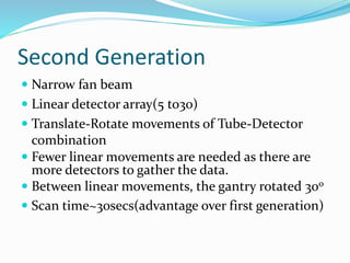 Second Generation
 Narrow fan beam
 Linear detector array(5 to30)
 Translate-Rotate movements of Tube-Detector
combination
 Fewer linear movements are needed as there are
more detectors to gather the data.
 Between linear movements, the gantry rotated 30o
 Scan time~30secs(advantage over first generation)
 