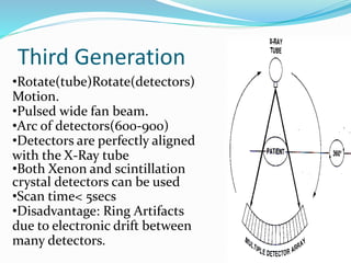 Third Generation
•Rotate(tube)Rotate(detectors)
Motion.
•Pulsed wide fan beam.
•Arc of detectors(600-900)
•Detectors are perfectly aligned
with the X-Ray tube
•Both Xenon and scintillation
crystal detectors can be used
•Scan time< 5secs
•Disadvantage: Ring Artifacts
due to electronic drift between
many detectors.
 
