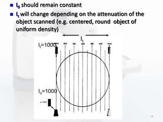  I0 should remain constant
 It will change depending on the attenuation of the
object scanned (e.g. centered, round object of
uniform density)
Io=1000
It=1000
It
19
 