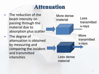 Attenuation
 The reduction of the
beam intensity on
passing through the
material due to
absorption plus scatter
 The degree of
attenuation is obtained
by measuring and
comparing the incident
and transmitted
intensities
More dense
material
Less dense
material
Less
transmitted
x-rays
More
transmitted
x-rays
6
 