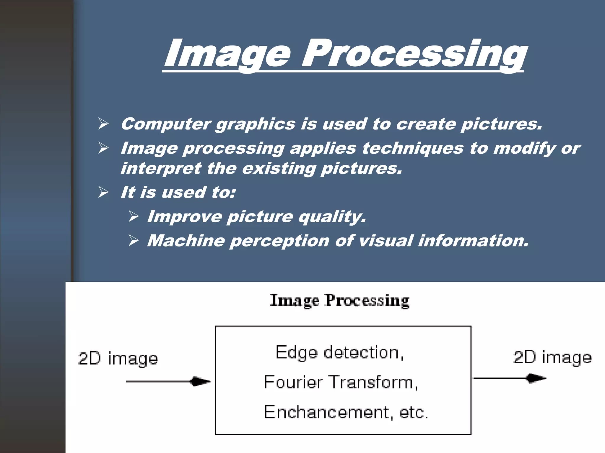 Image Processing
 Computer graphics is used to create pictures.
 Image processing applies techniques to modify or
interpret the existing pictures.
 It is used to:
 Improve picture quality.
 Machine perception of visual information.
 